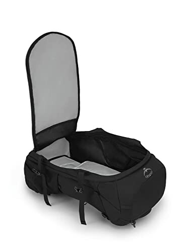 Open black soft-top backpack with multiple compartments.