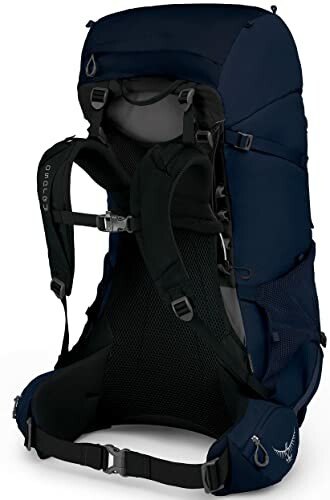 Navy blue hiking backpack with adjustable straps and padded back support.