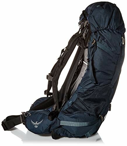 Side view of a blue hiking backpack with multiple compartments and straps.