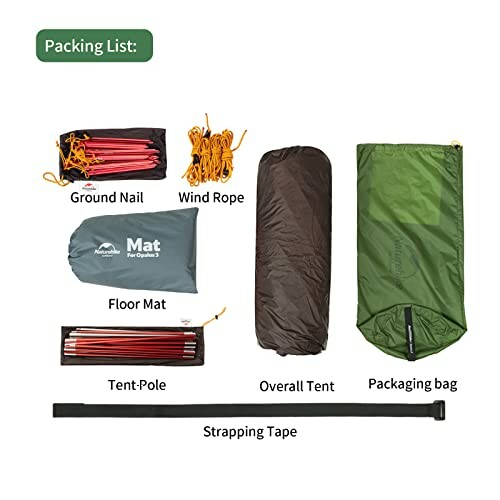 Camping tent packing list with ground nail, wind rope, floor mat, tent pole, overall tent, packaging bag, and strapping tape.