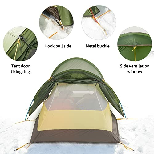 Camping tent with features including tent door fixing ring, hook pull side, metal buckle, and side ventilation window.