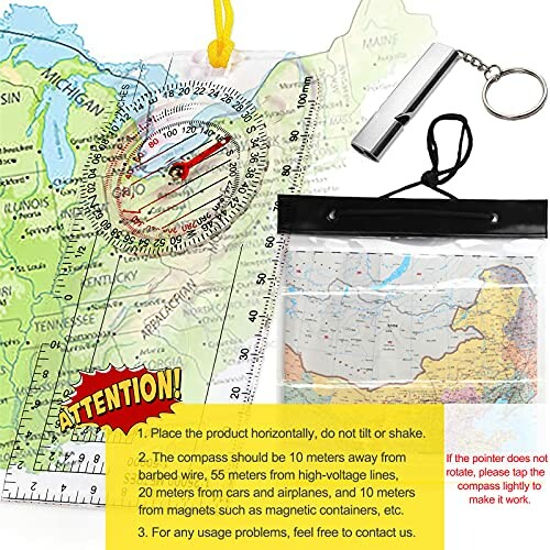 Navigation kit with a compass, map, and whistle.