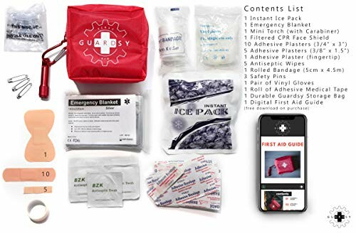 Contents of an emergency first aid kit including bandages, ice pack, and guide.