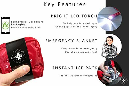 Emergency kit features: LED torch, emergency blanket, instant ice pack.