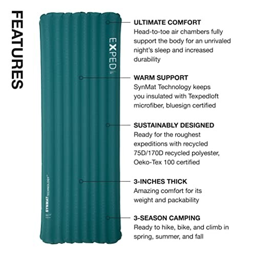 Exped SynMat sleeping mat features: ultimate comfort, warm support, sustainable design, 3-inch thickness, 3-season camping.