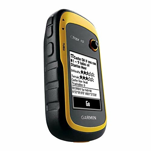 Garmin eTrex 10 handheld GPS device with screen displaying geocache information