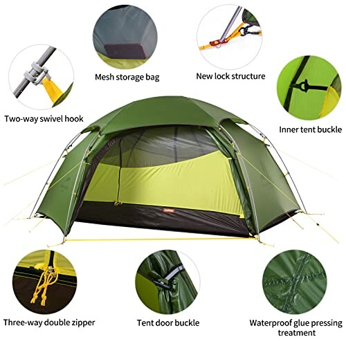 Green camping tent with labeled features including mesh storage bag, new lock structure, inner tent buckle, two-way swivel hook, three-way double zipper, tent door buckle, and waterproof glue pressing treatment.