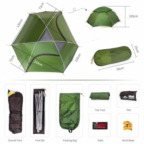 Green camping tent with dimensions and accessories including bag, tarp, mat, poles, nails, and rope.