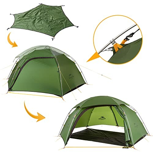 Green camping tent with setup instructions and tarp.