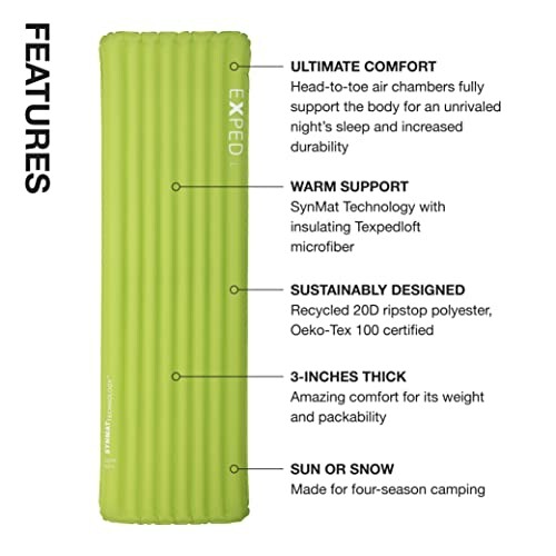 Green sleeping pad with features listed: ultimate comfort, warm support, sustainably designed, 3-inches thick, suitable for sun or snow.