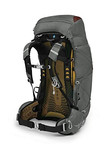 Gray hiking backpack with adjustable straps and mesh back panel.