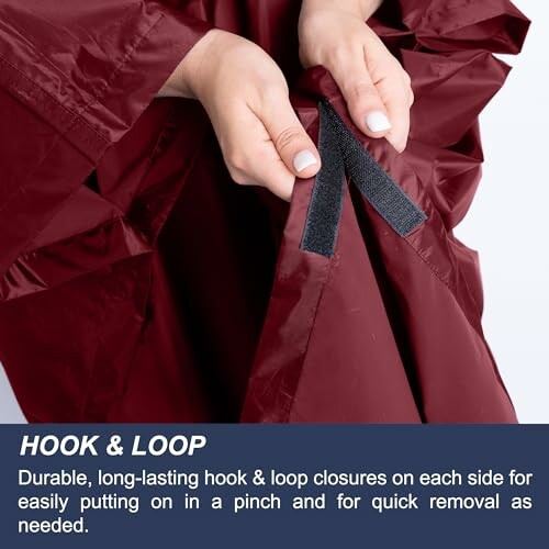 Hands demonstrating hook and loop closure on fabric.