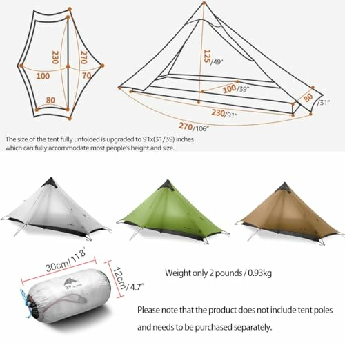 Lightweight backpacking tent with dimensions and colors.