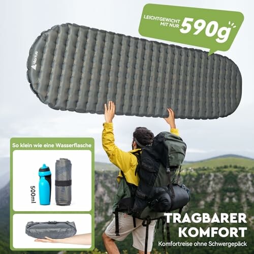 Person holding lightweight camping sleeping pad in outdoor setting.