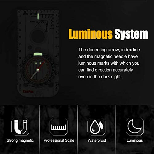 Luminous compass with magnetic needle, professional scale, waterproof and luminous features.