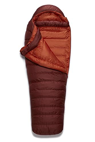 Mummy-style sleeping bag in dark red and orange colors