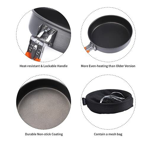 Nonstick cookware set with heat-resistant handle, even-heating, non-stick coating, and mesh bag.