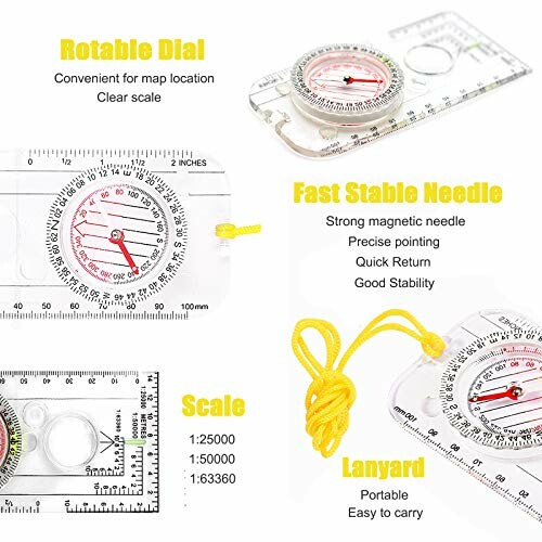 Orienteering compass with rotating dial, scale, fast stable needle, and lanyard.