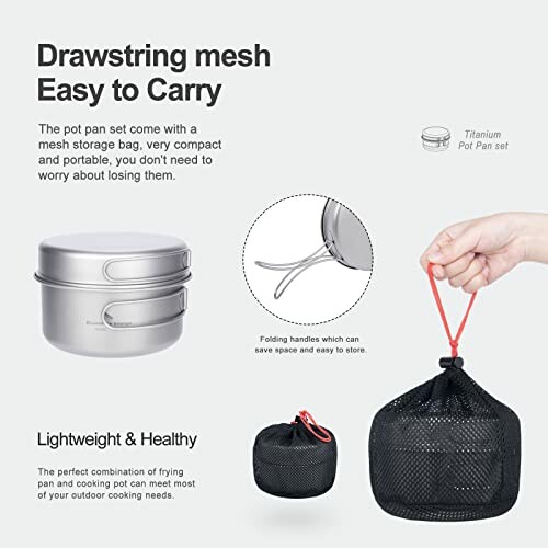 Lightweight portable pot pan set with mesh storage bag and folding handles.