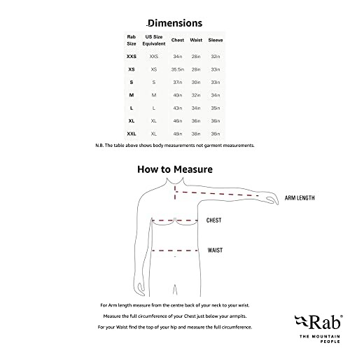 Rab clothing size chart and measurement guide.