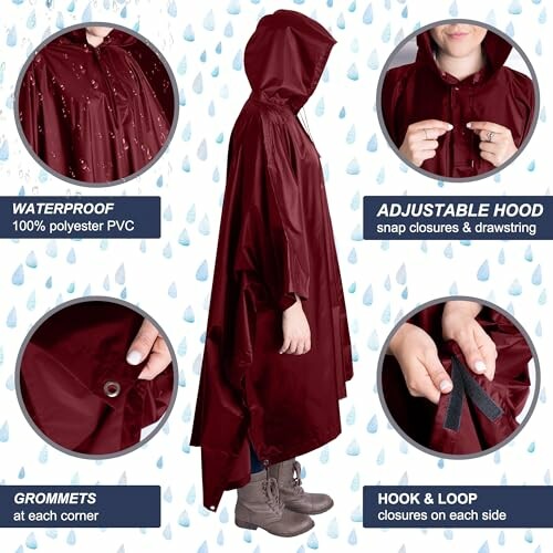 Red rain poncho with adjustable hood, waterproof material, grommets, and hook & loop closures.