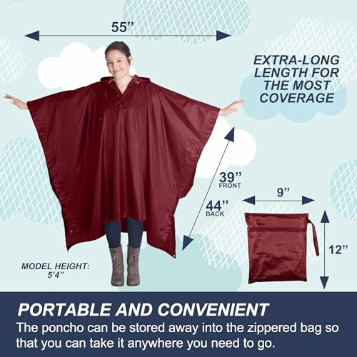 Person wearing a red rain poncho with dimensions and storage bag.