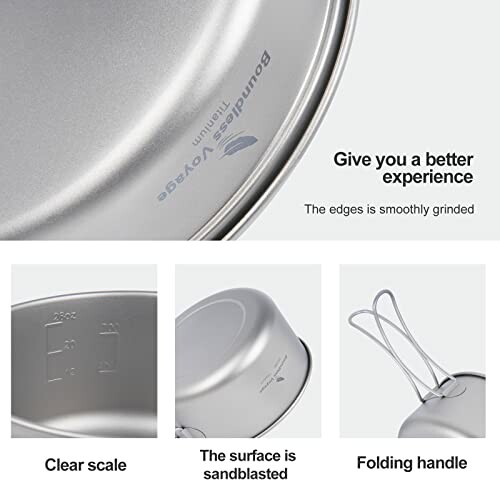 Stainless steel cookware with clear scale, sandblasted surface, and folding handle.