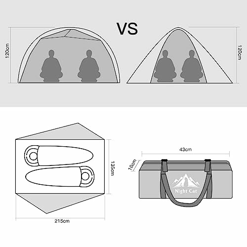 Tent comparison diagram with dimensions and carrying bag.