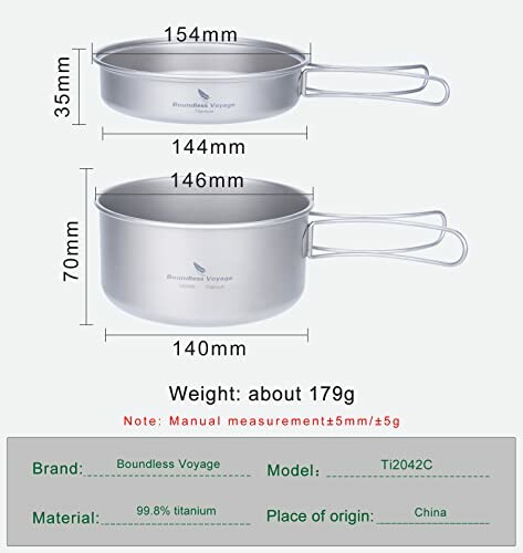 Titanium camping cookware dimensions and specifications