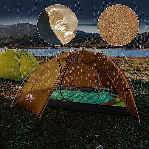 Waterproof tent in rain with close-up insets showing material details.